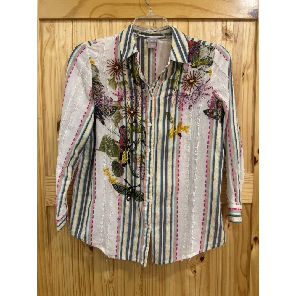 Chico's Women's Button Down Shirt Size 1 Striped Floral Bird Butterfly Sz 1 US 8